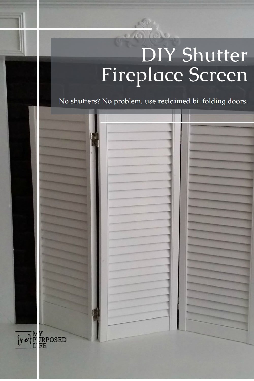 How to make a shutter DIY fireplace screen out of some old bi-folding doors. Don't have shutters? no problem! Bi-folding doors work great for shutter projects. #MyRepurposedLife #repurposed #upcycle #shutter #fireplace #screen #diy #project via @repurposedlife