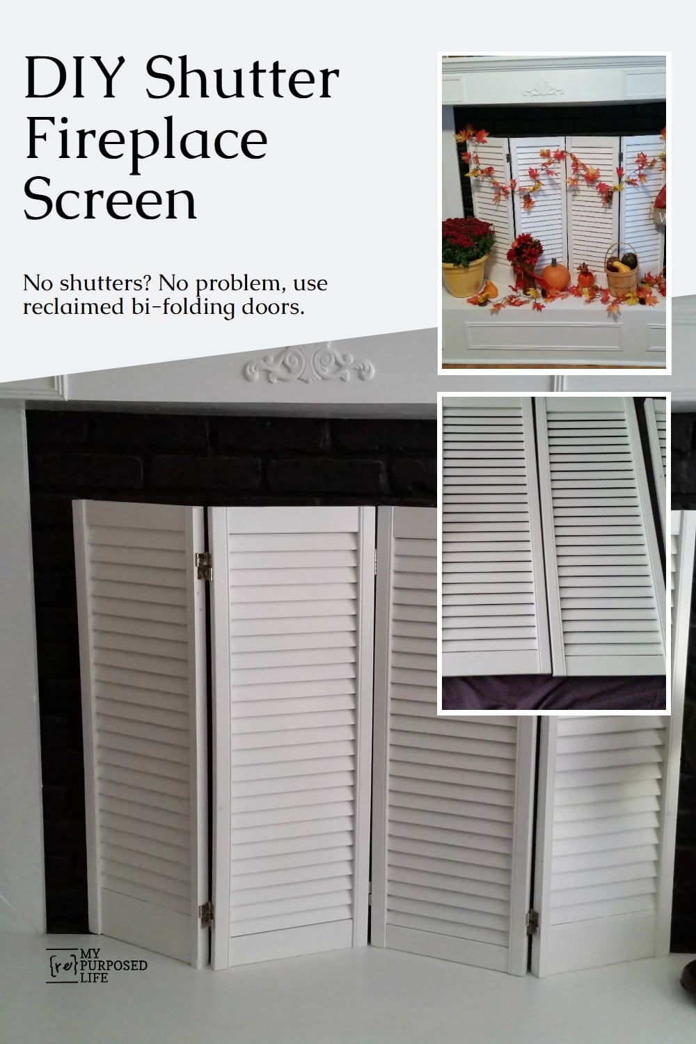 How to make a shutter DIY fireplace screen out of some old bi-folding doors. Don't have shutters? no problem! Bi-folding doors work great for shutter projects. #MyRepurposedLife #repurposed #upcycle #shutter #fireplace #screen #diy #project via @repurposedlife