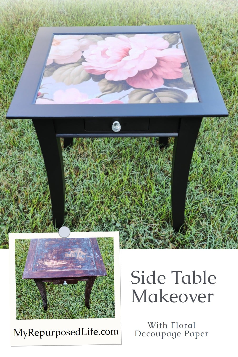 Learn how to transform a small square table into a colorful decoupaged side table using paint and floral paper. A simple DIY with a big impact. via @repurposedlife