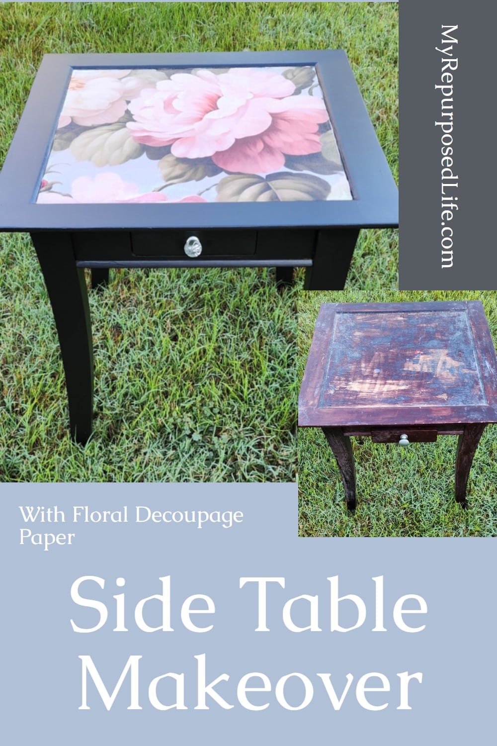 Learn how to transform a small square table into a colorful decoupaged side table using paint and floral paper. A simple DIY with a big impact. via @repurposedlife