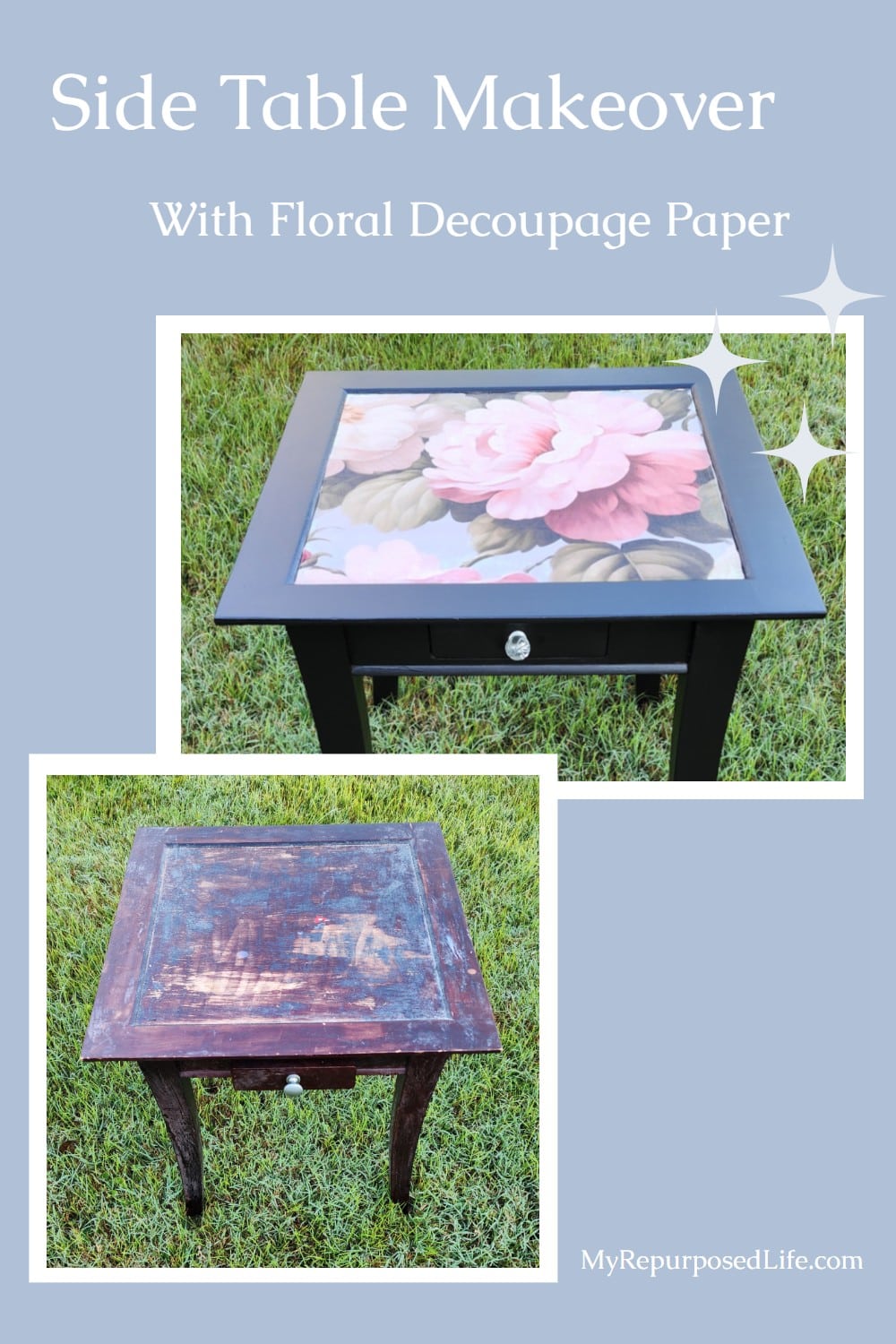 Learn how to transform a small square table into a colorful decoupaged side table using paint and floral paper. A simple DIY with a big impact. via @repurposedlife