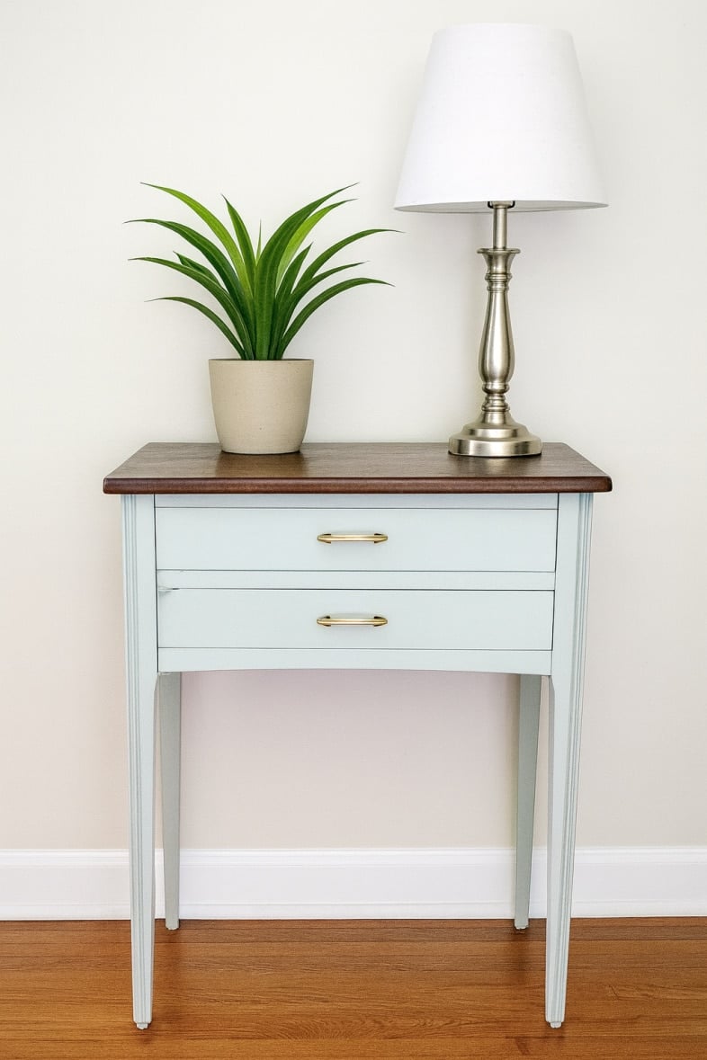 ight green painted sewing cabinet with a lamp and a plant