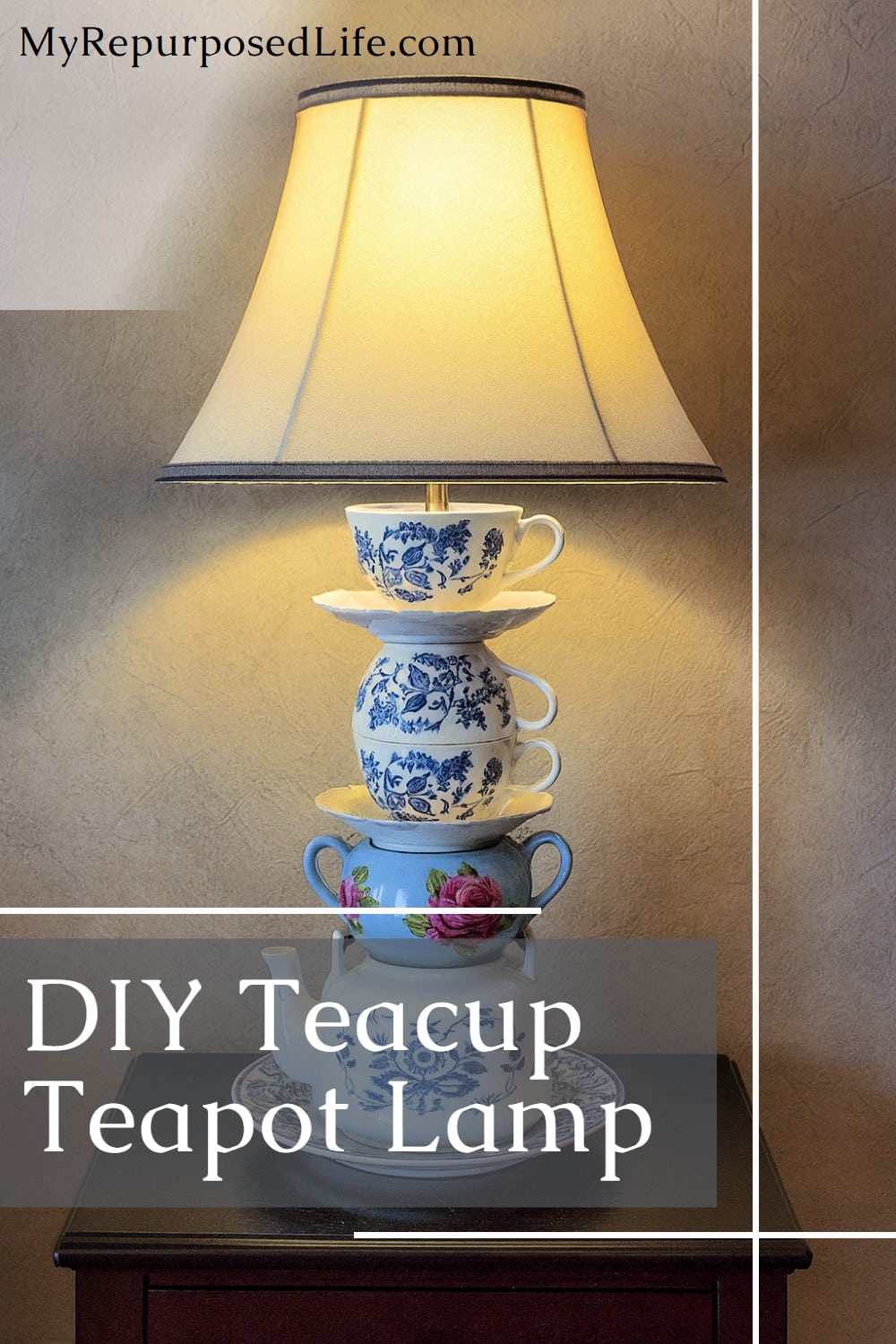 Drilling glass teacups and saucers takes a little patience, but it's well worth the effort if you love the look of teapot lamps. Tips on how to make these kind of projects. #MyRepurposedLife #repurposed #teapots #lamp #diy via @repurposedlife