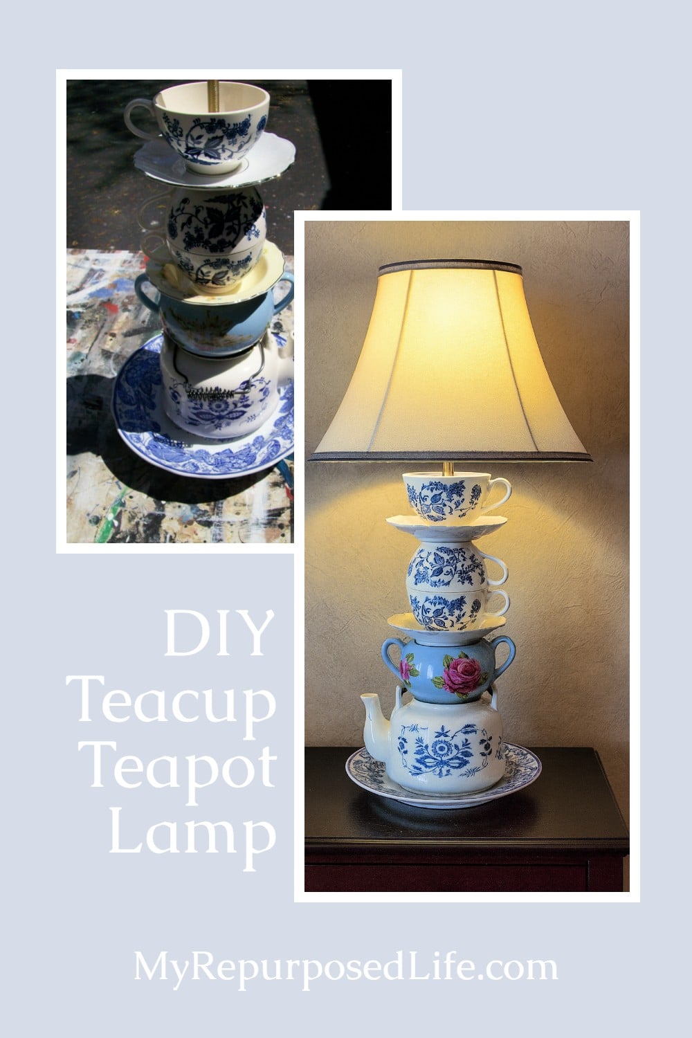 Drilling glass teacups and saucers takes a little patience, but it's well worth the effort if you love the look of teapot lamps. Tips on how to make these kind of projects. #MyRepurposedLife #repurposed #teapots #lamp #diy via @repurposedlife