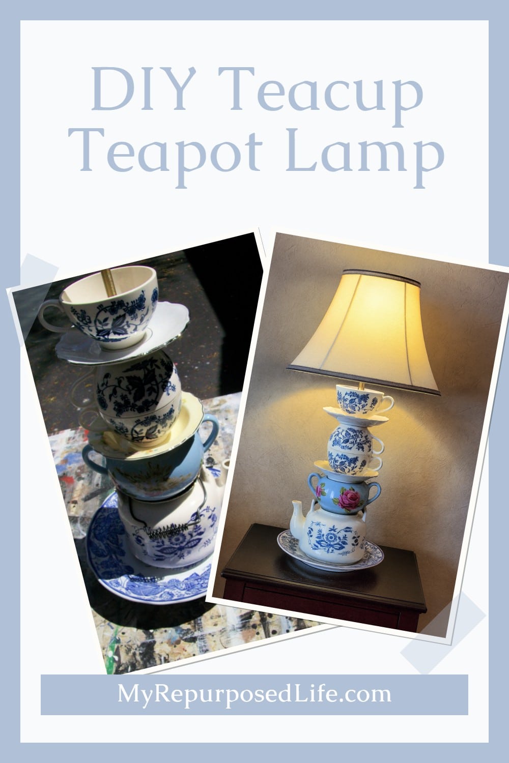 Drilling glass teacups and saucers takes a little patience, but it's well worth the effort if you love the look of teapot lamps. Tips on how to make these kind of projects. #MyRepurposedLife #repurposed #teapots #lamp #diy via @repurposedlife