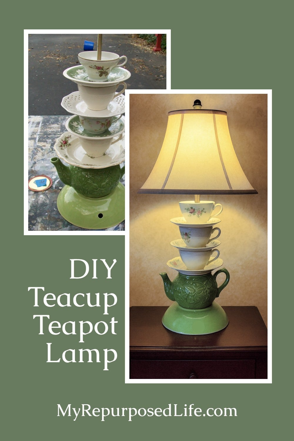 Drilling glass teacups and saucers takes a little patience, but it's well worth the effort if you love the look of teapot lamps. Tips on how to make these kind of projects. #MyRepurposedLife #repurposed #teapots #lamp #diy via @repurposedlife