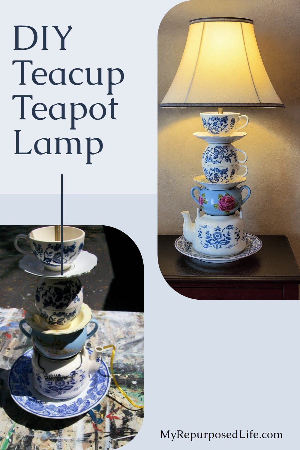 Drilling glass teacups and saucers takes a little patience, but it's well worth the effort if you love the look of teapot lamps. Tips on how to make these kind of projects. #MyRepurposedLife #repurposed #teapots #lamp #diy via @repurposedlife