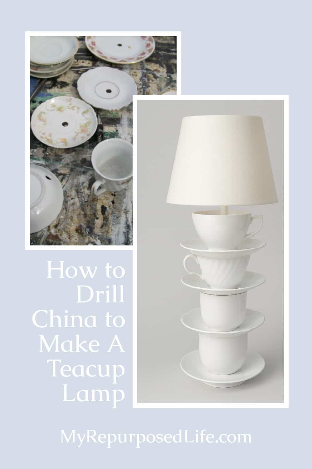 drilling china pieces to make a teacup lamp