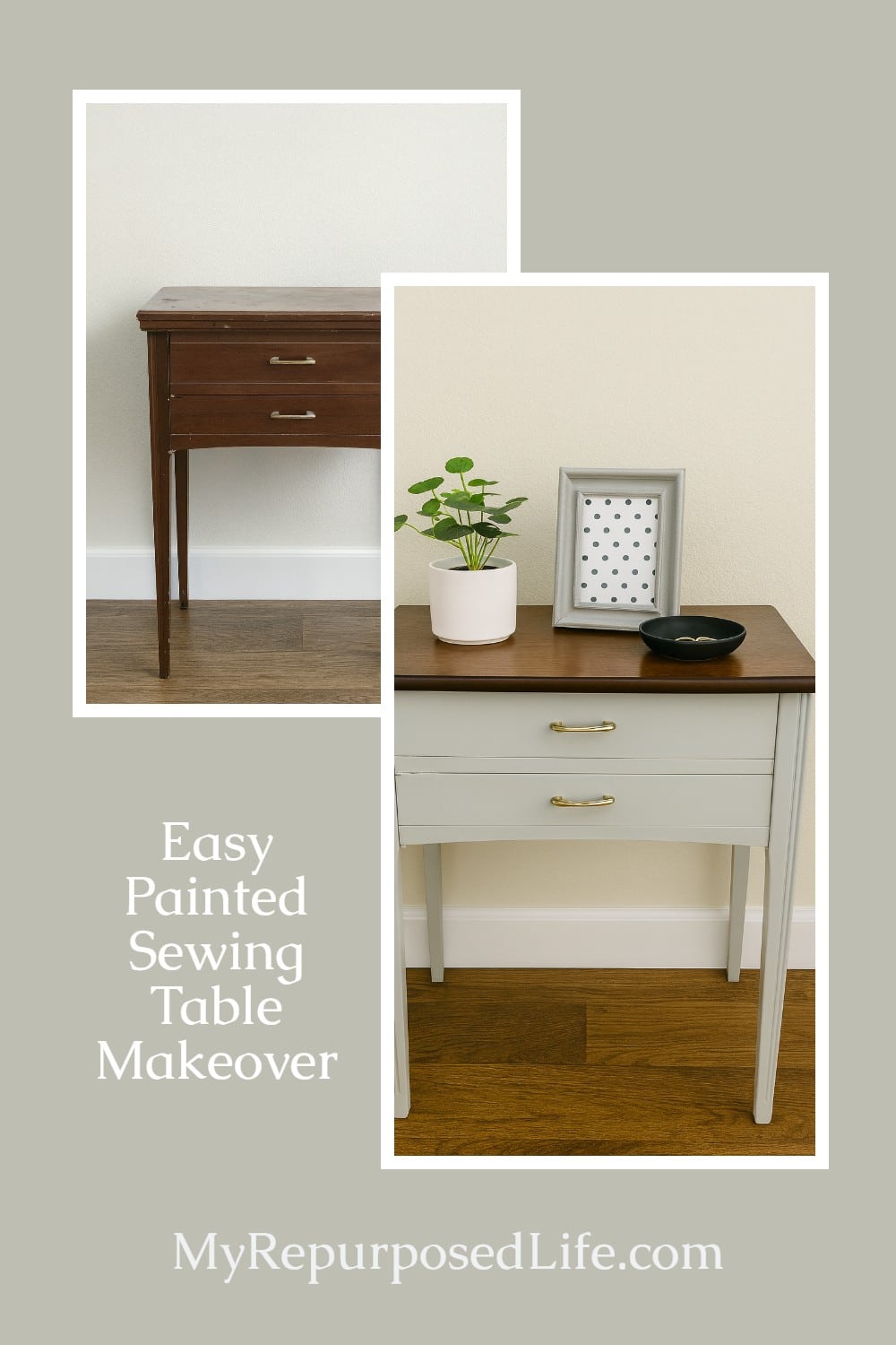 old sewing table makeover with paint and stain