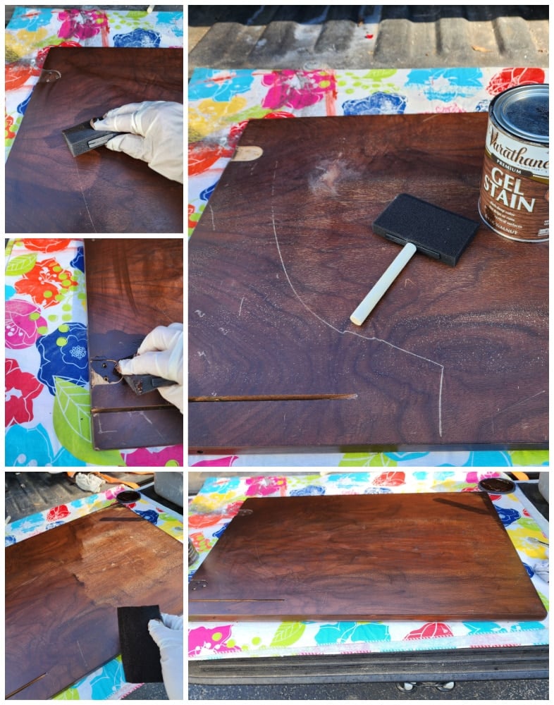 refurbishing the underside of the tabletop with gel stain