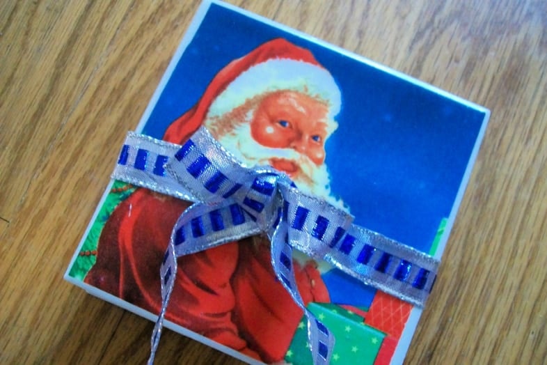 DIY santa napkin coasters tied with a ribbon