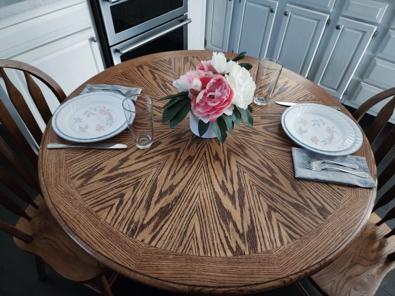 overhead shot of oak kitchen table after refinishing