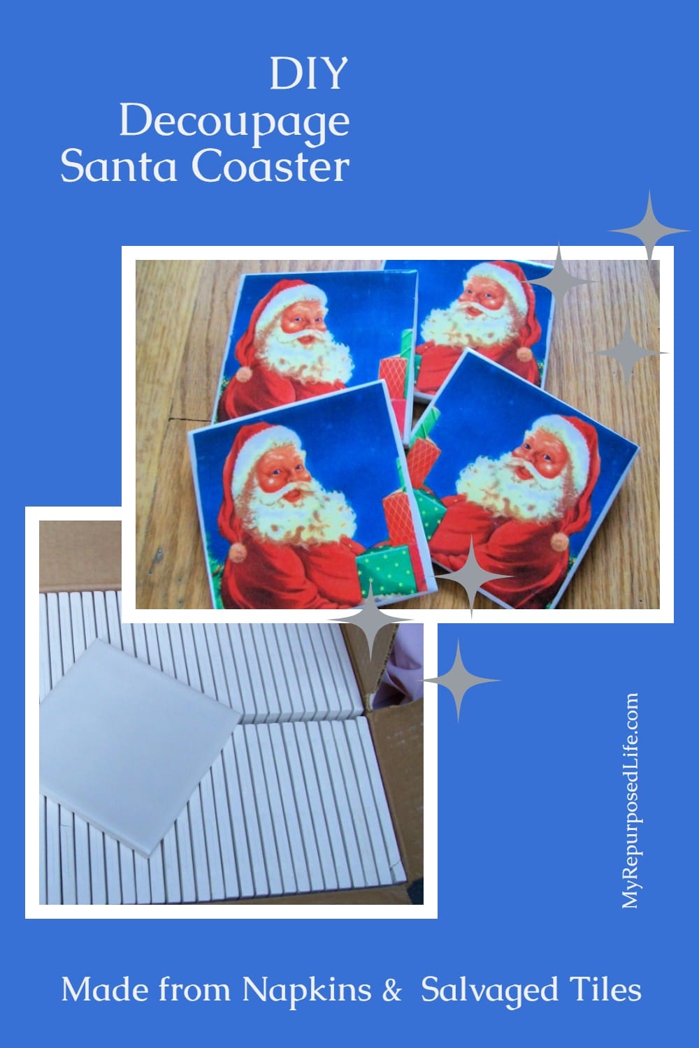 salvaged Tiles and Santa Napkins Make Cute Christmas Coasters