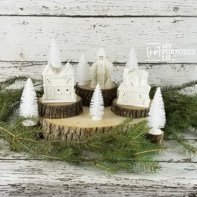arranging a painted Christmas Village MyRepurposedLife
