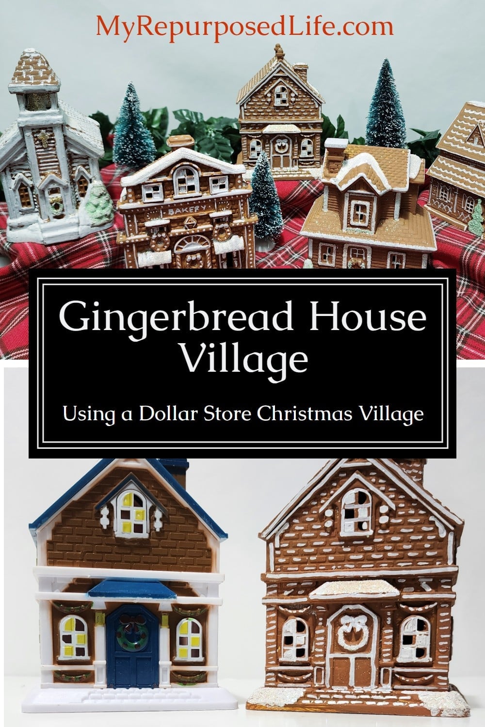 gingerbread house village-easy DIY from dollar tree houses via @repurposedlife