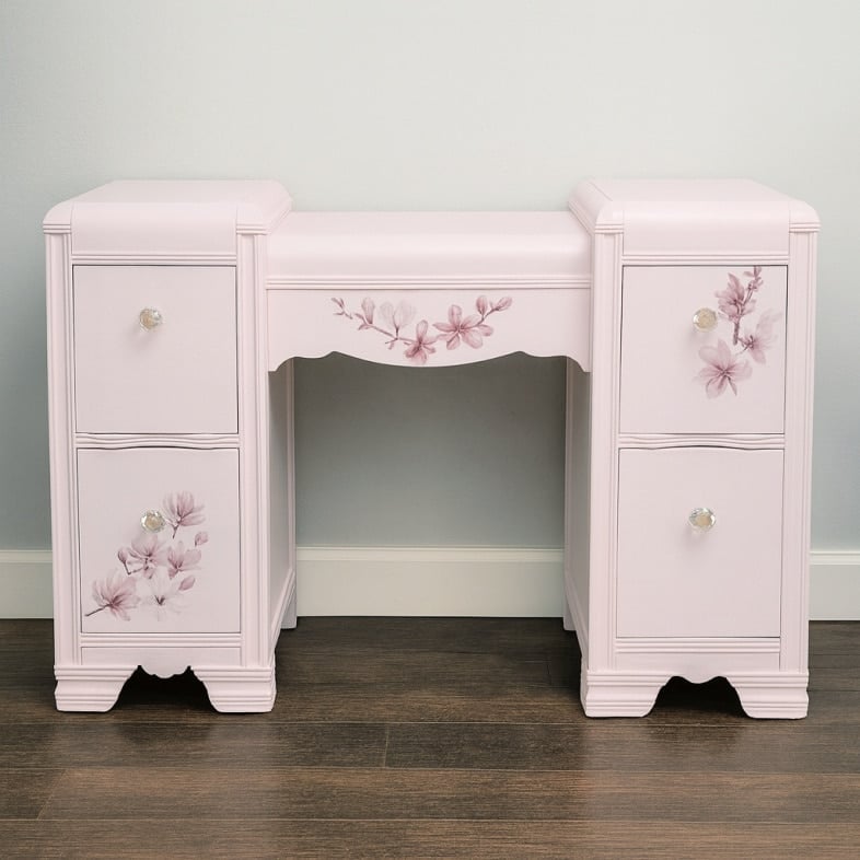 pink desk with floral furniture transfers