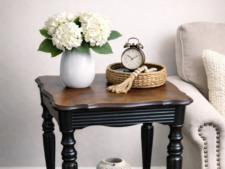 black and hickory side table with inlay top