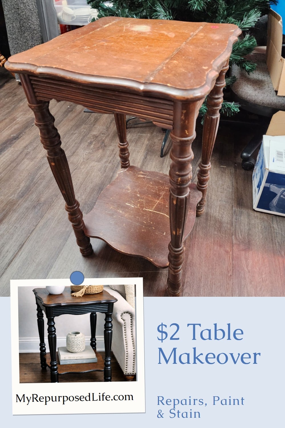 thrift store table makeover with paint and stain