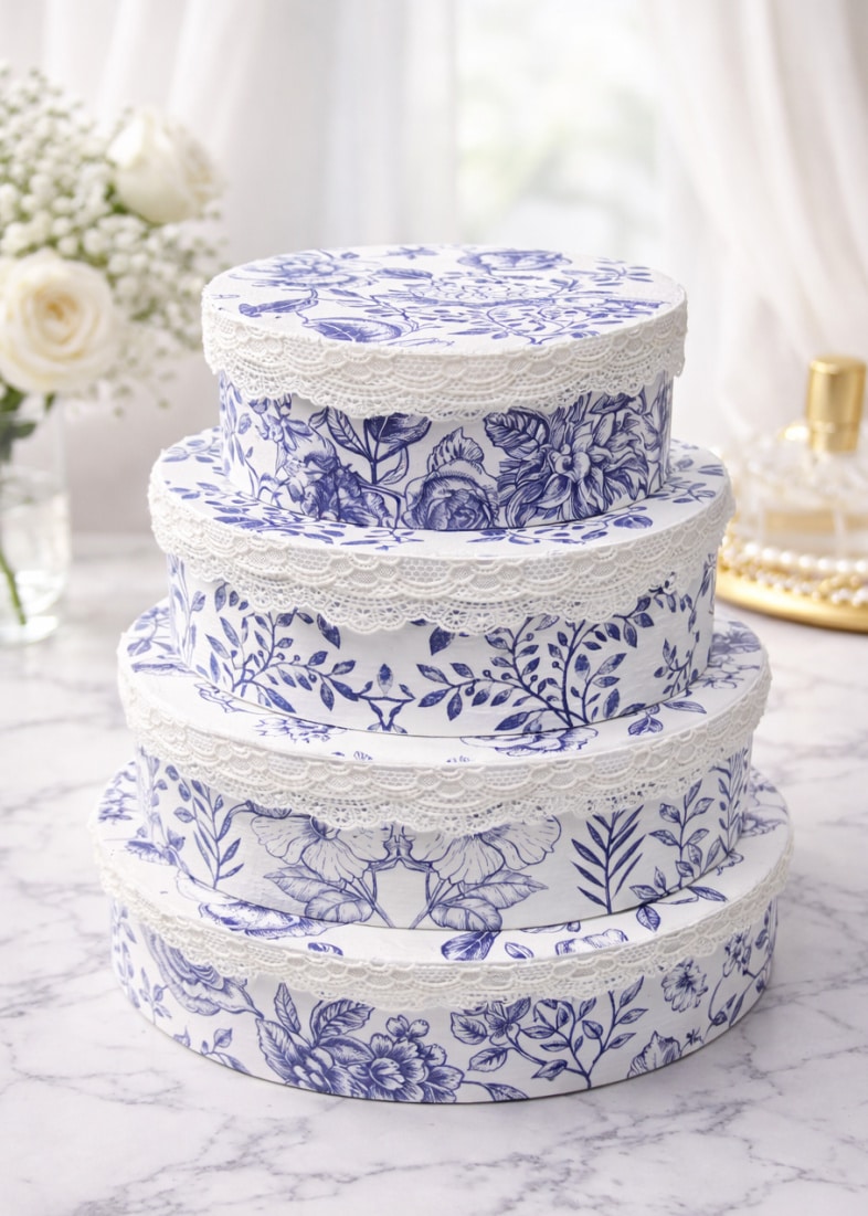 pretty blue and white oval boxes with lacey trim