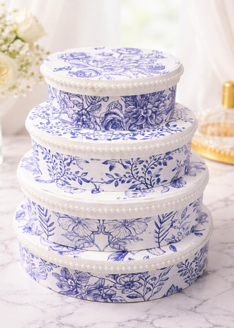 blue and white floral boxes with beaded white trim