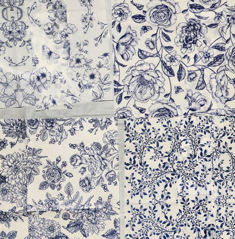 blue and white floral napkins for decoupage wooden boxes