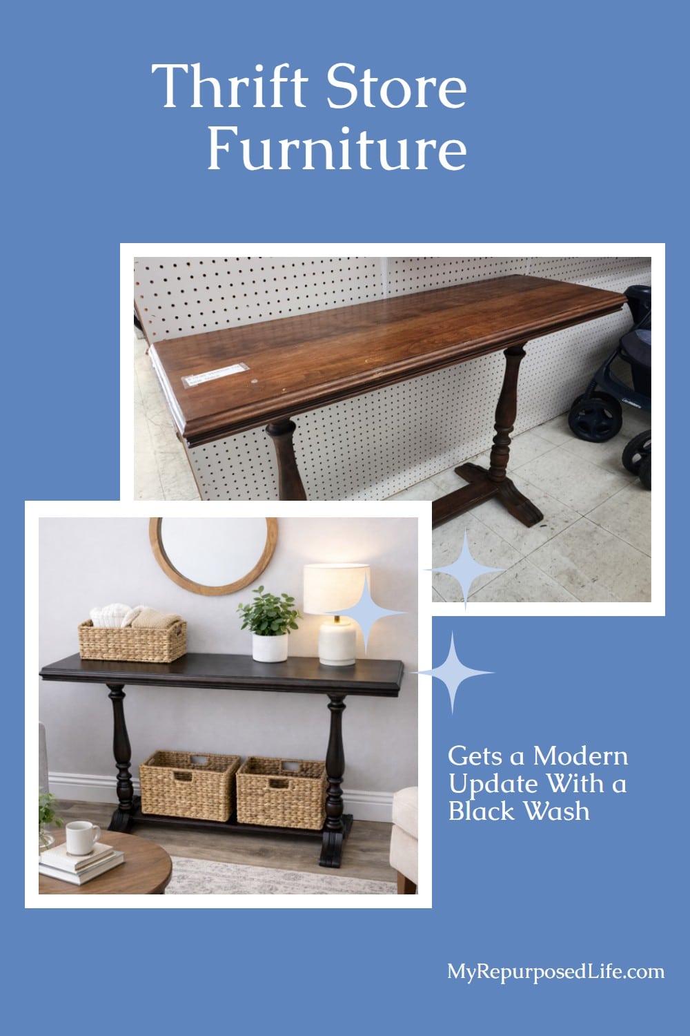 Black Wash Console Table Makeover via @repurposedlife