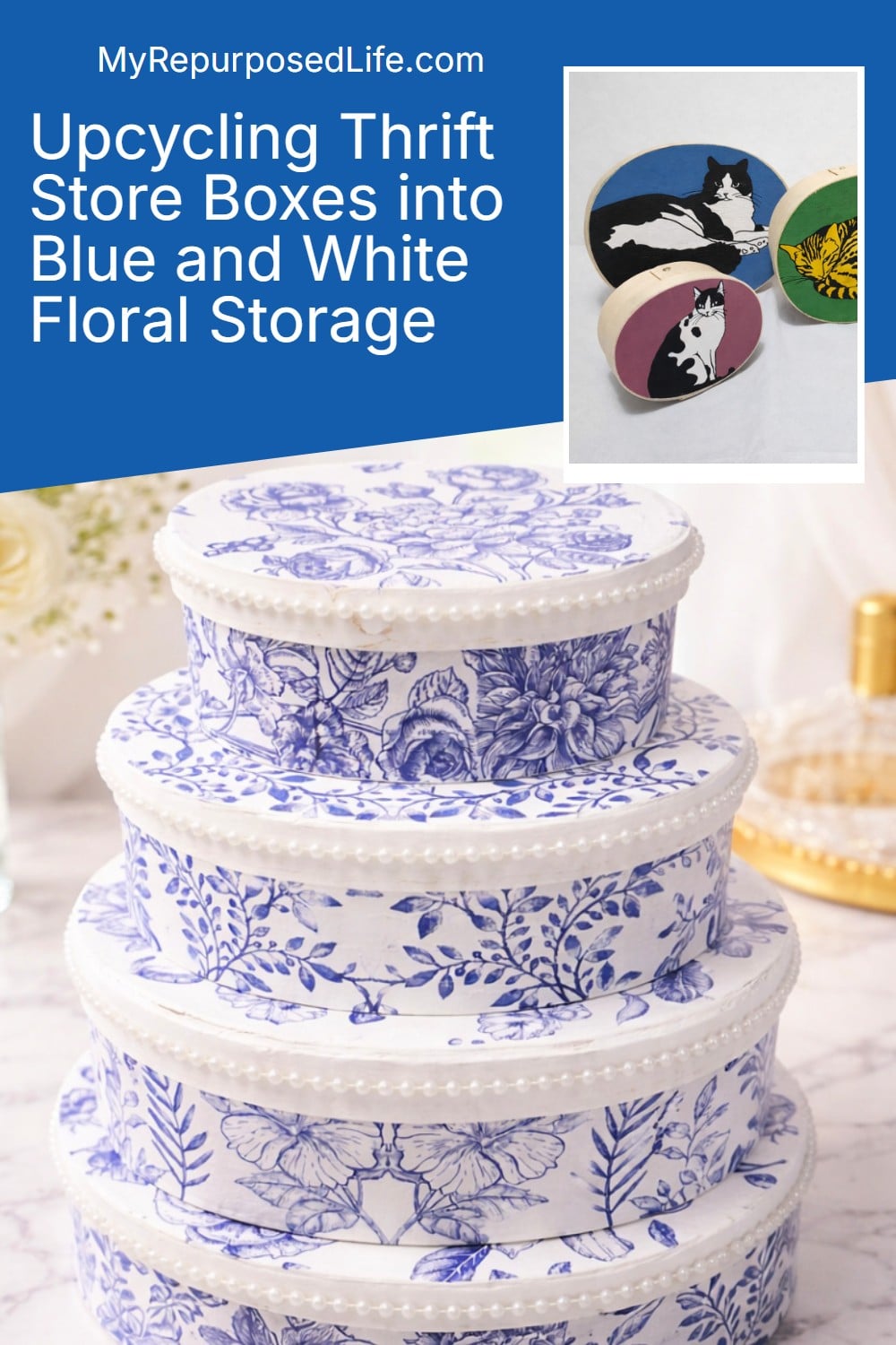 Blue and White Florals-Balsa Boxes Makeover via @repurposedlife