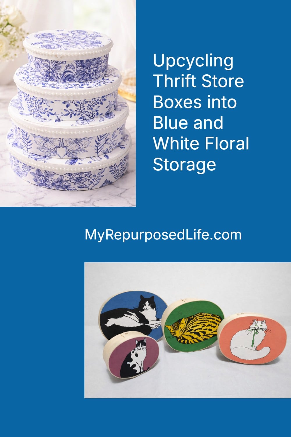upcycling thrift store wooden boxes into blue and white floral storage via @repurposedlife