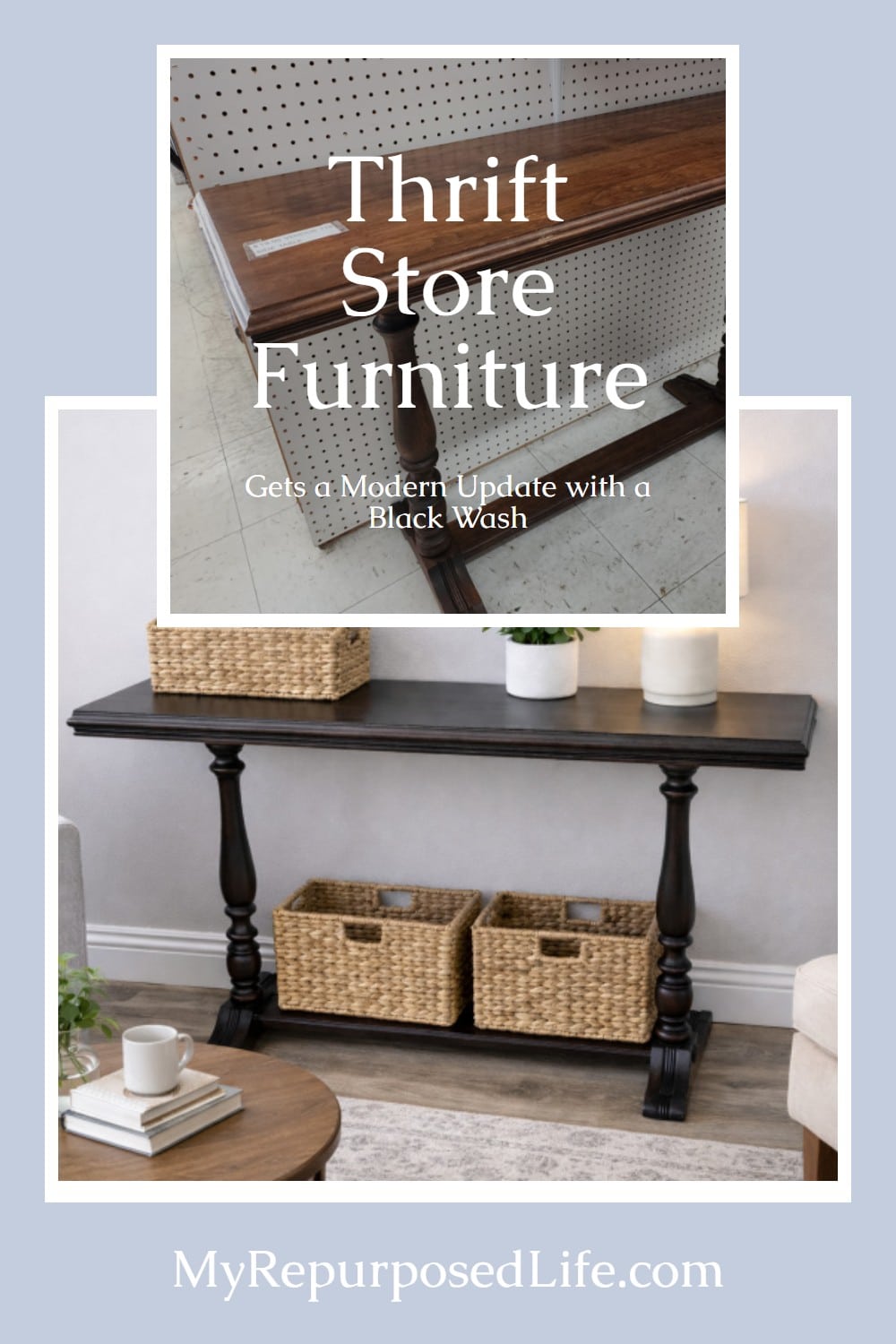 use a black wash on a sofa table via @repurposedlife