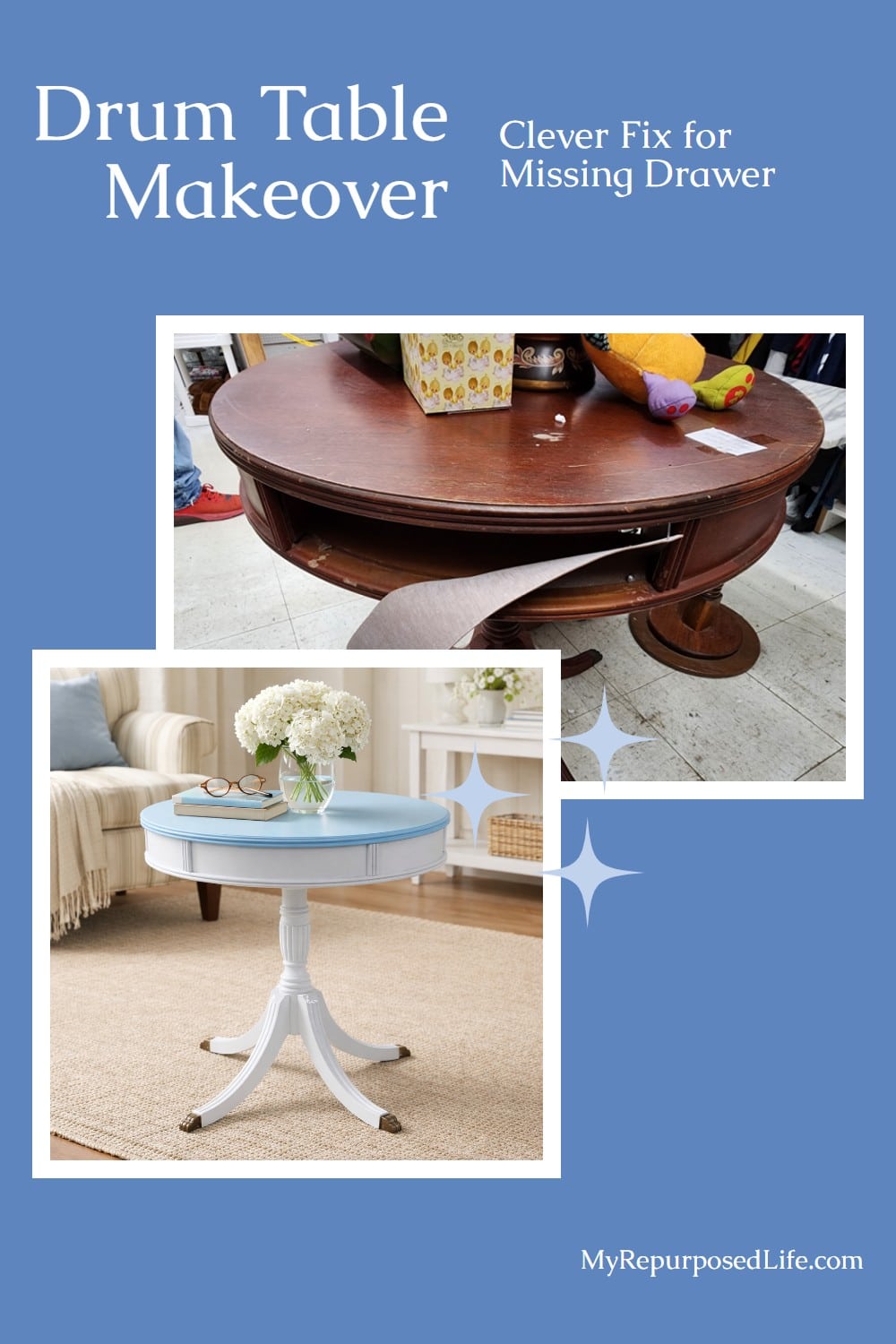 clever fix for a missing drawer-drum table makeover via @repurposedlife