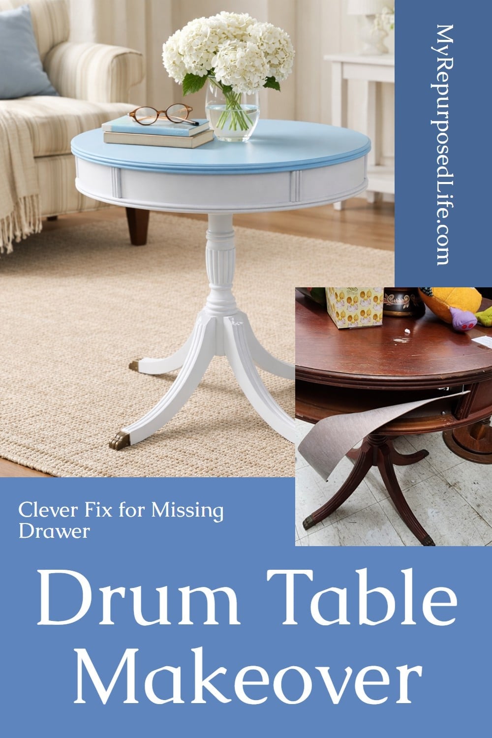 drum table makeover-clever fix for missing drawer via @repurposedlife