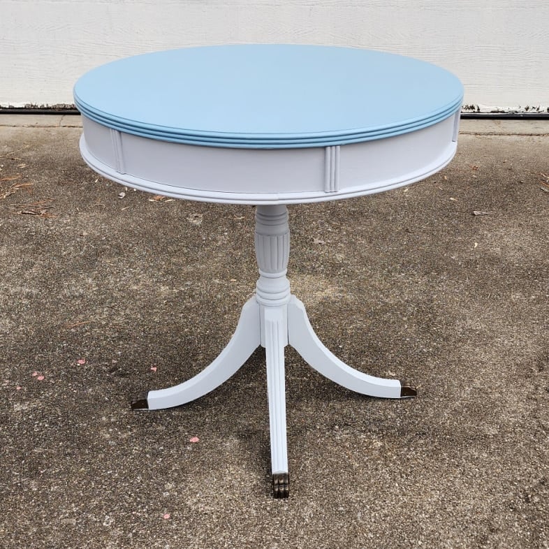 pretty blue drum table makeover