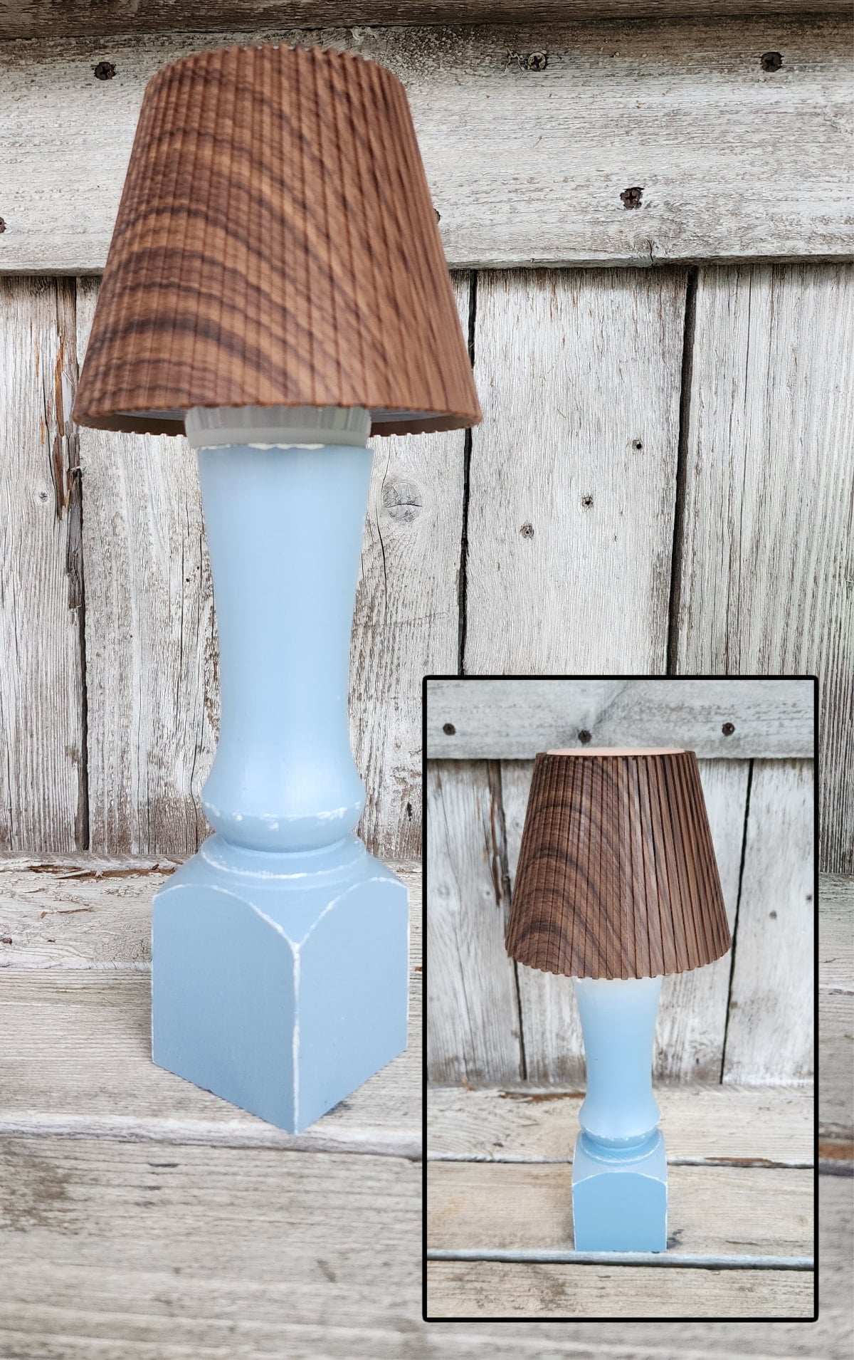 blue wooden candlestick with walnut lamp shade