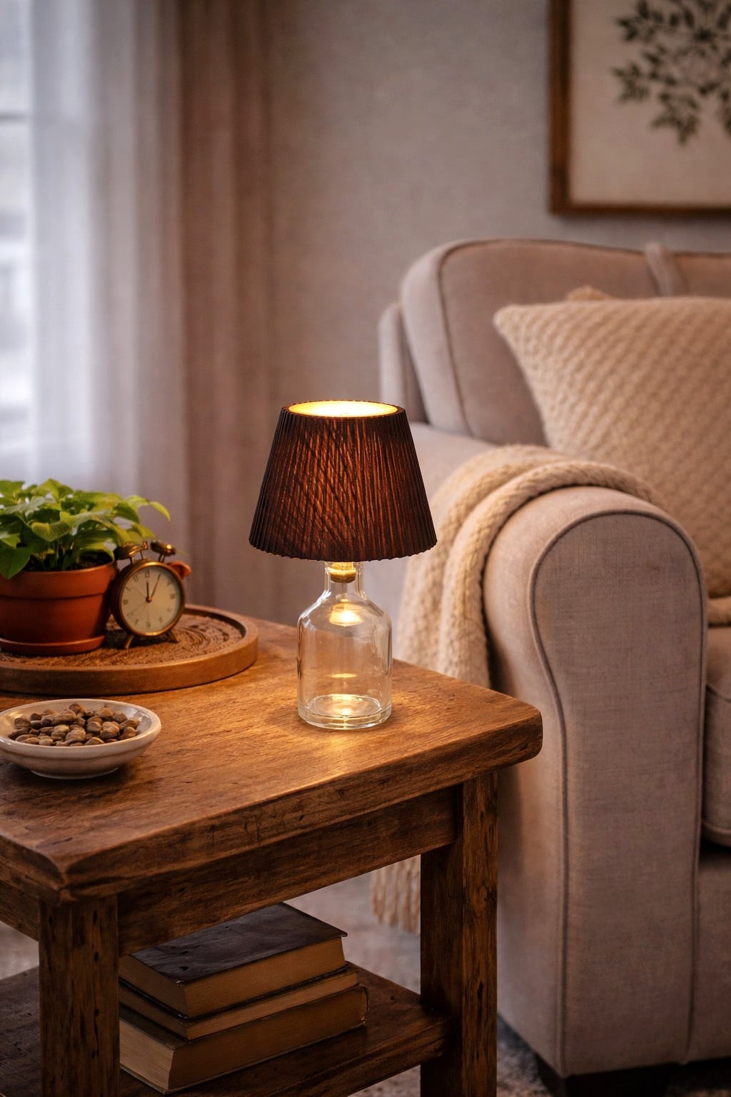 small cognac bottle lamp sitting on a table