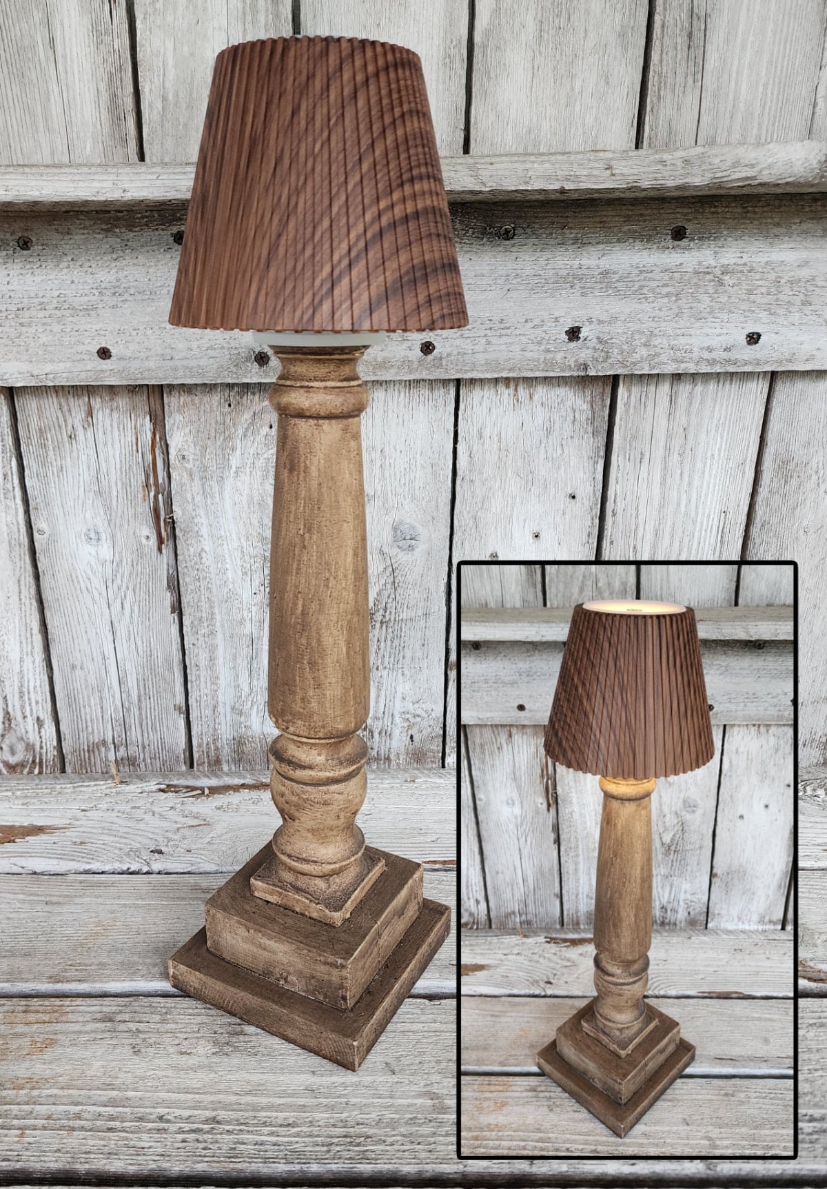 tall brown candlestick with wireless lamp shade