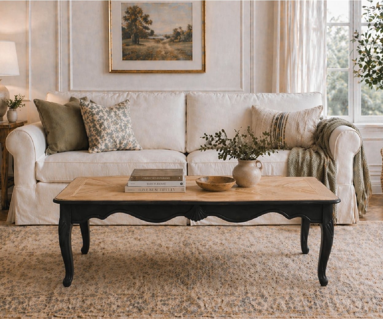 thrift store french provincial black coffee table with a natural color tabletop