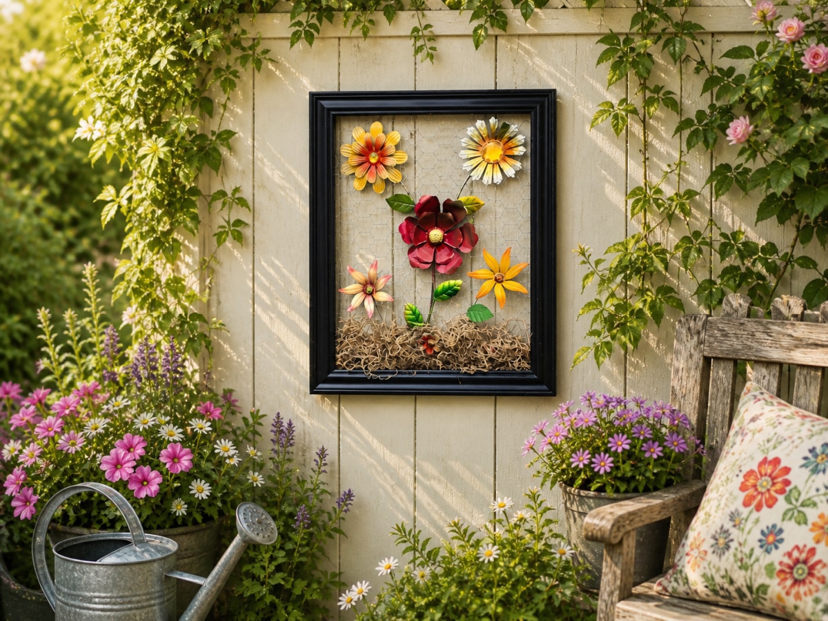 pretty DIY framed metal flower decor hanging on a fence