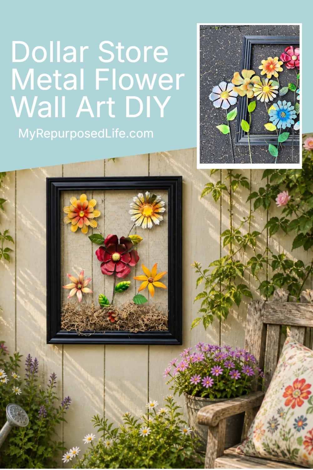 upcycled metal garden flowers as wall decor via @repurposedlife