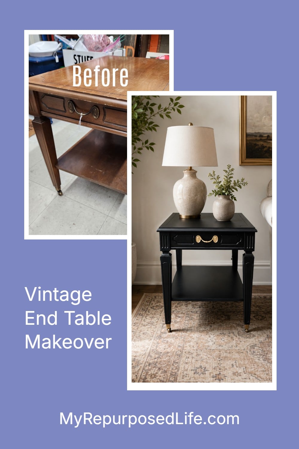 This vintage end table makeover was a quick thrift store furniture flip using black paint, original hardware, and pretty brass casters. A simple update gave this small table a classic new look without a big project. via @repurposedlife