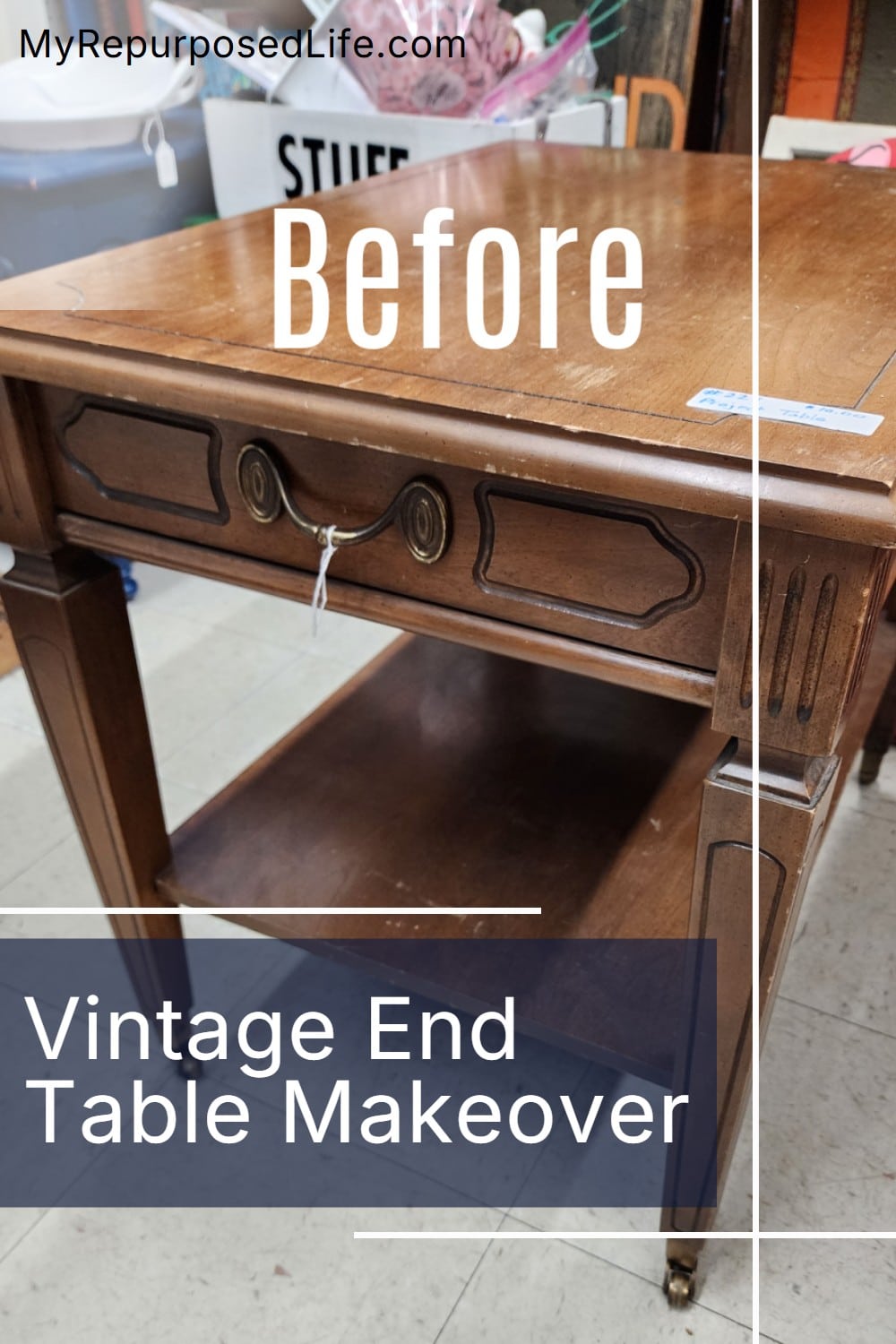 This vintage end table makeover was a quick thrift store furniture flip using black paint, original hardware, and pretty brass casters. A simple update gave this small table a classic new look without a big project. via @repurposedlife