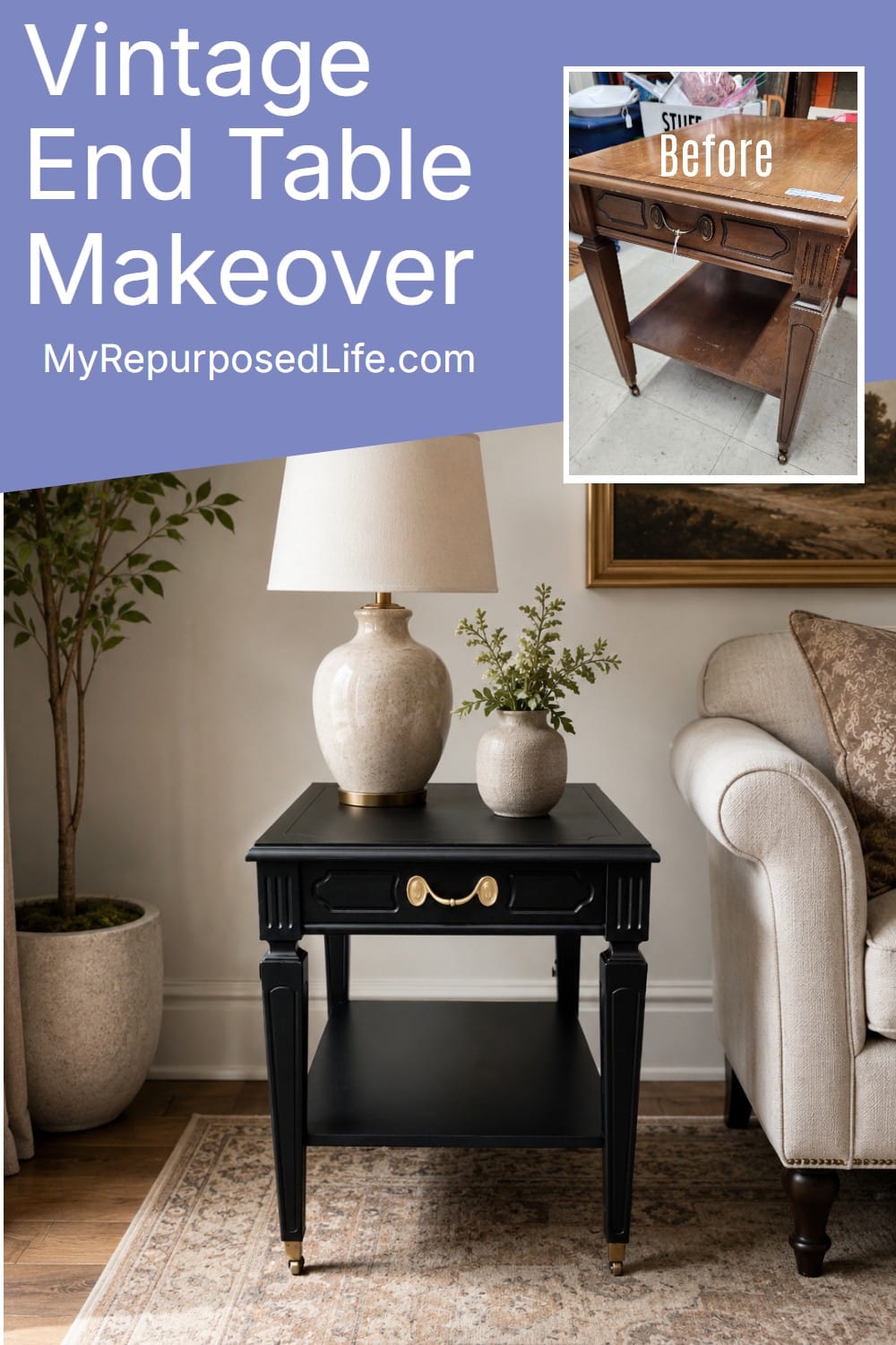 This vintage end table makeover was a quick thrift store furniture flip using black paint, original hardware, and pretty brass casters. A simple update gave this small table a classic new look without a big project. via @repurposedlife