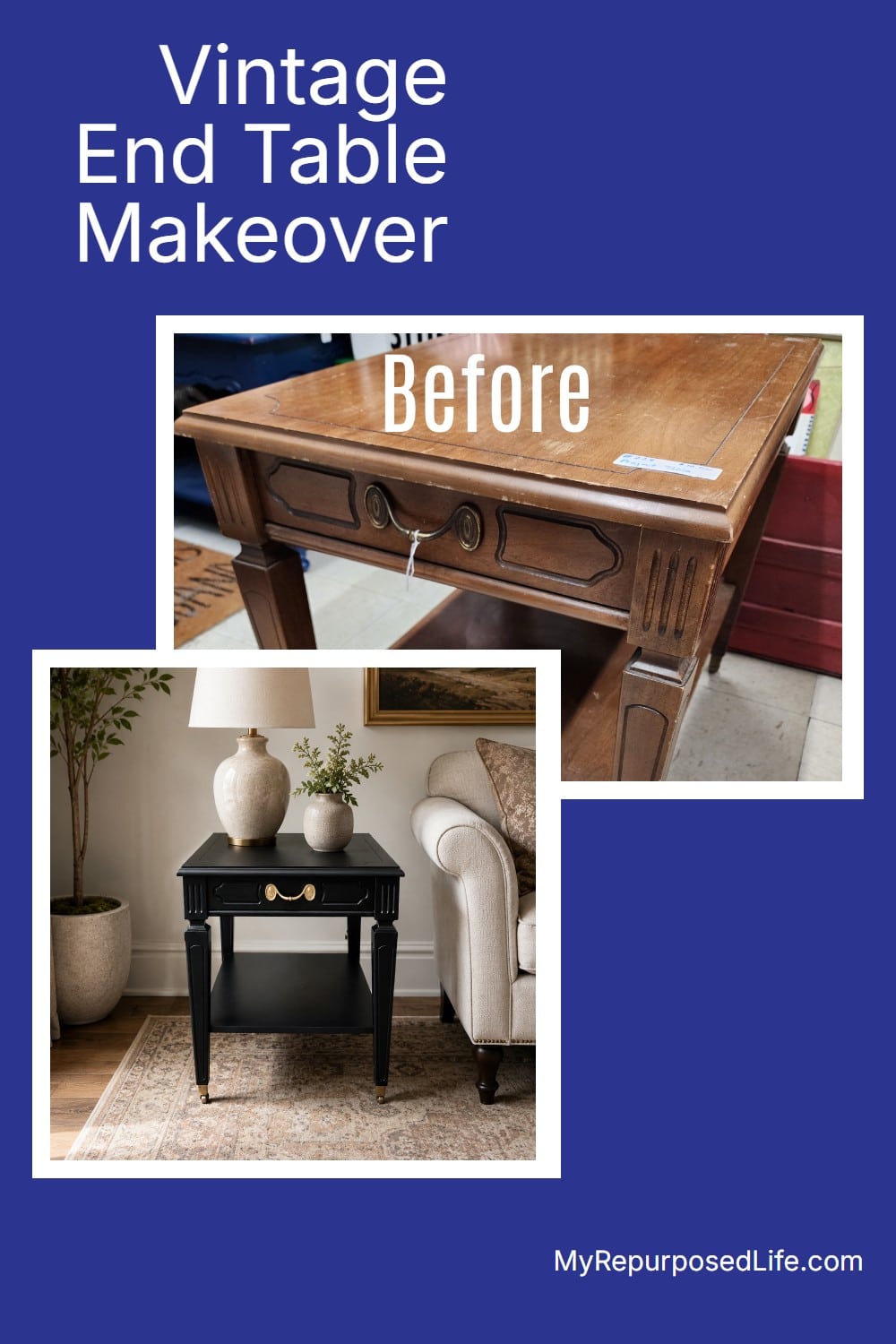 This vintage end table makeover was a quick thrift store furniture flip using black paint, original hardware, and pretty brass casters. A simple update gave this small table a classic new look without a big project. via @repurposedlife