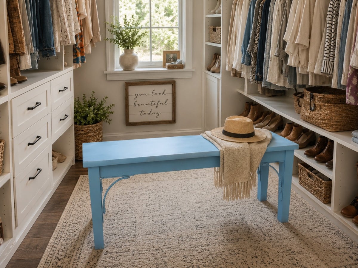 blue bench in a walk-in closet
