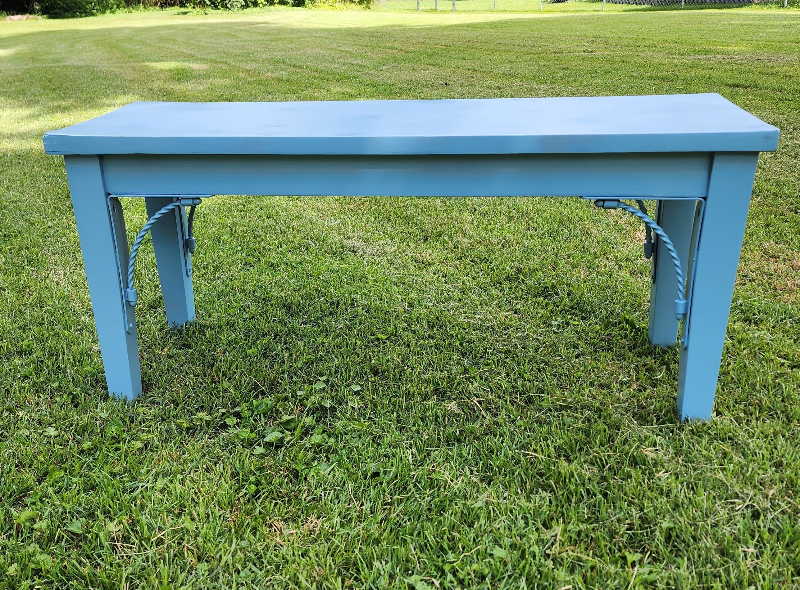 closeup of french blue bench