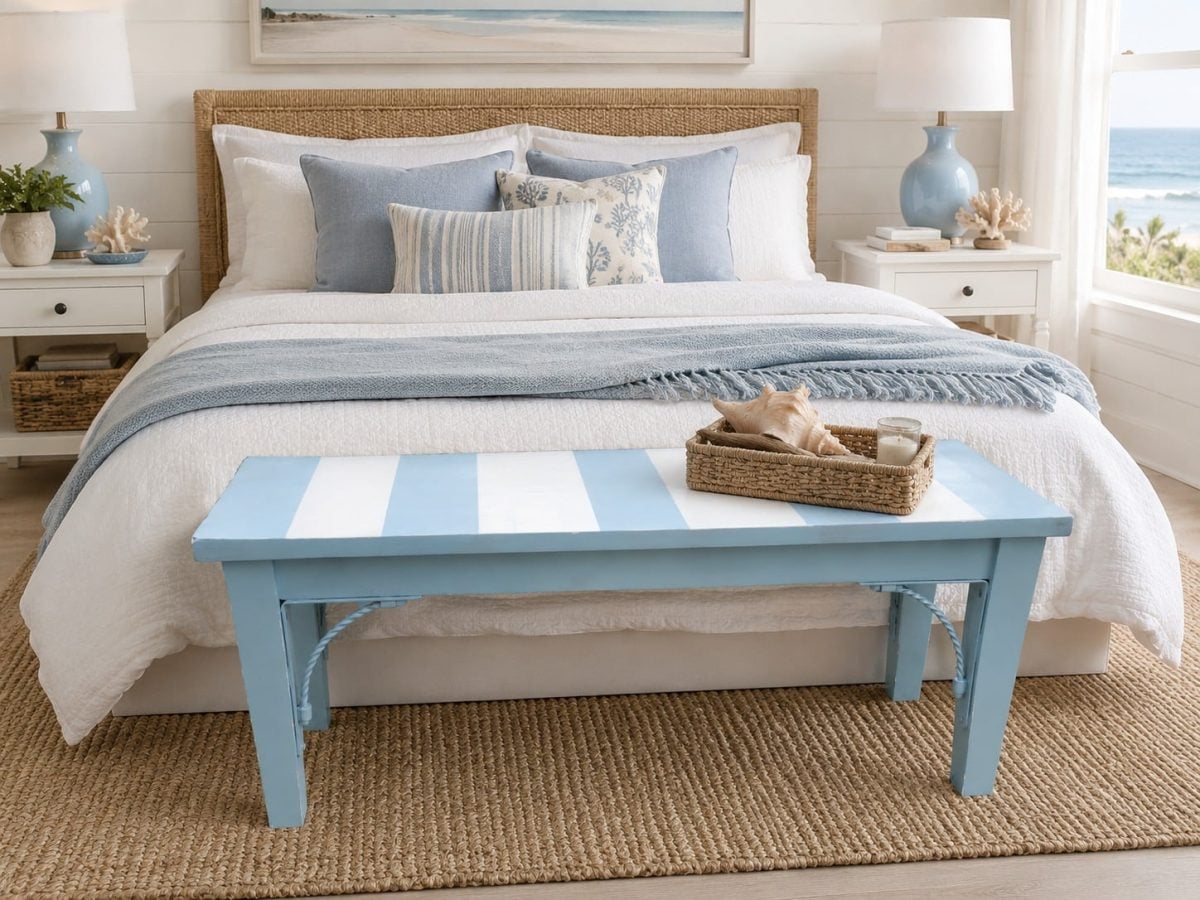 coastal striped bench at the end of the bed
