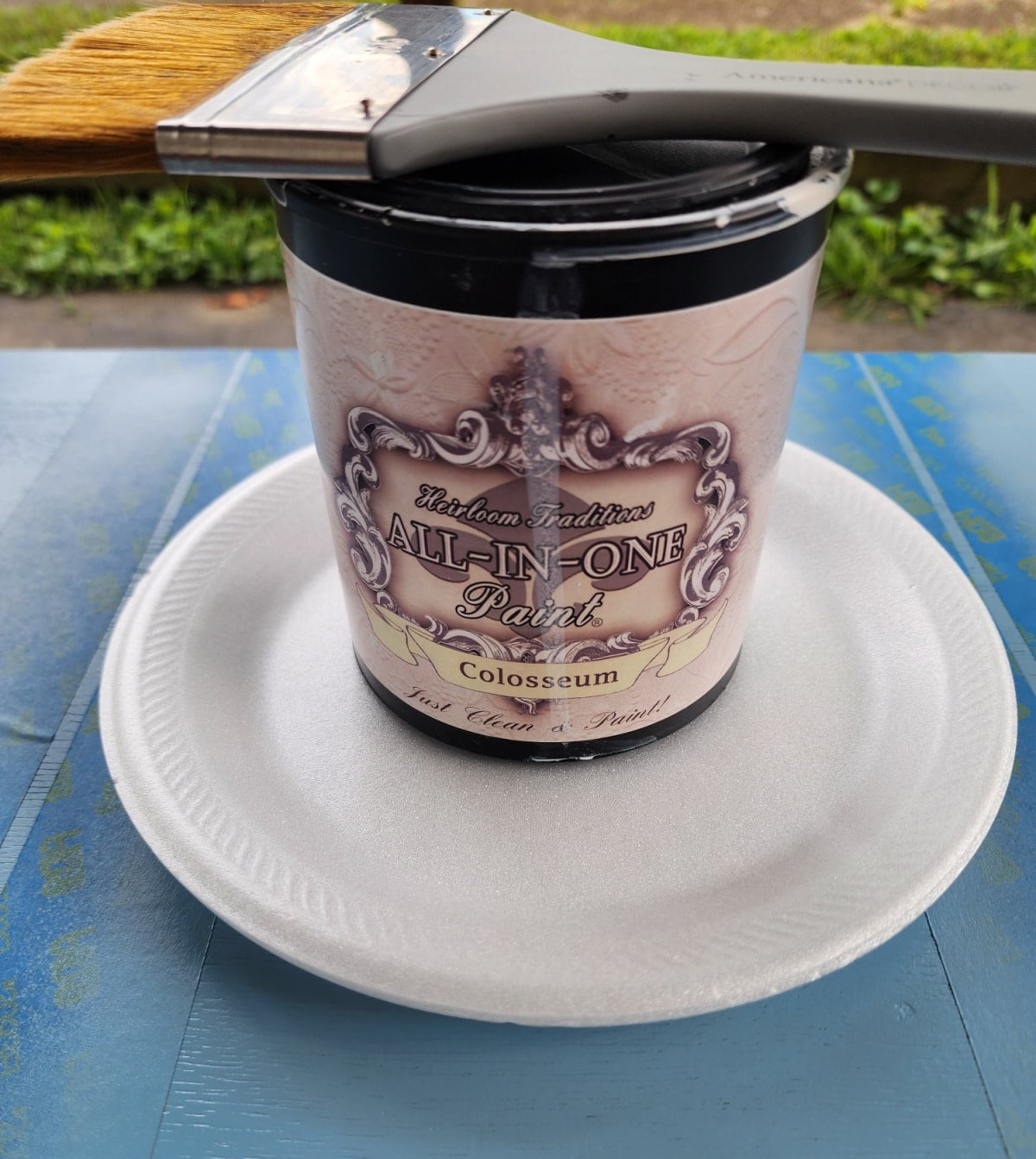 light gray paint on a styrofoam plate