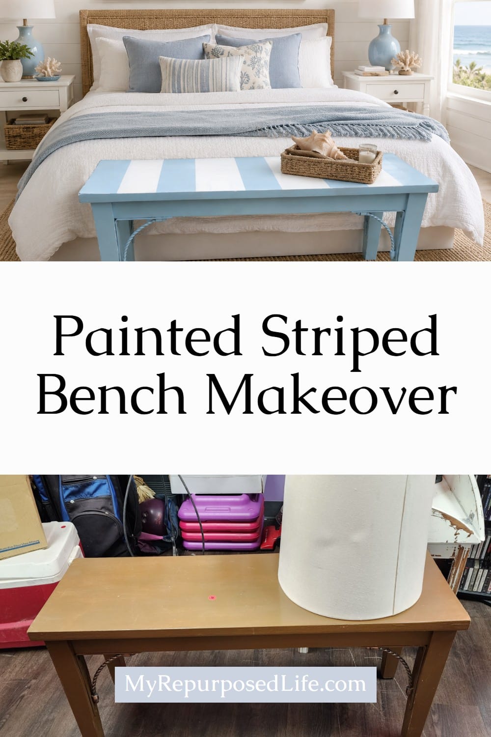 Bench Makeover With Stripes via @repurposedlife
