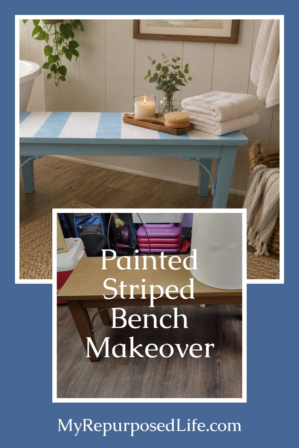 painted stripes on a blue bench for the bathroom via @repurposedlife