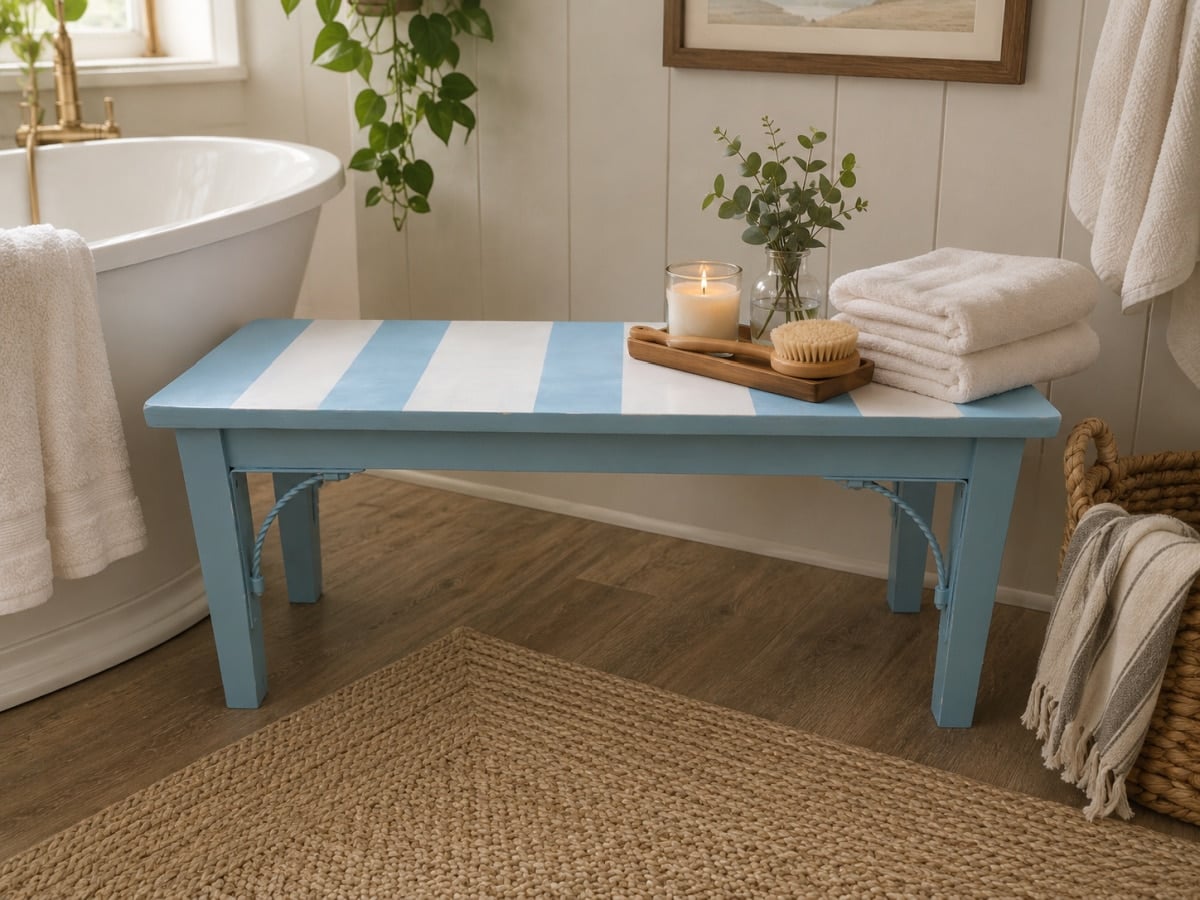 striped bench in a bathroom