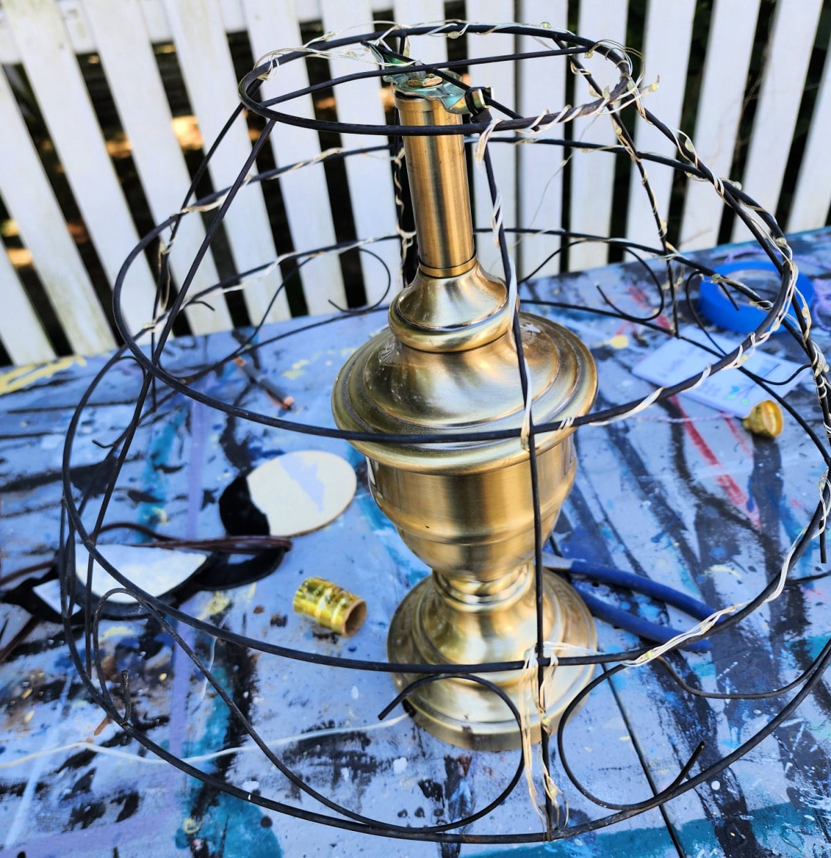 wrap wired fairy solar lights around the lampshade